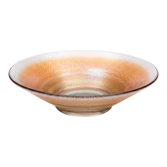 Flared Centerpiece Bowl in Iridescent Orange Crackle Glass For Sale