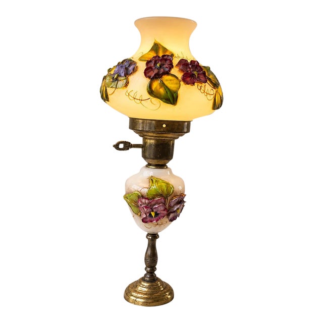 Vintage Victorian Hurricane Opaque 3d Table Lamp - "Gone With the Wind" Featuring Raised, Hand-Painted Floral Motifs on Milk Glass a Marble Base For Sale