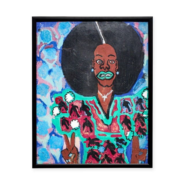 Ike E. Morgan Teal and Blue Toned Abstract Contemporary Portrait of a Lady in a Fro, 1984 For Sale - Image 4 of 11