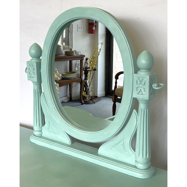 Wood Vintage Vanity With Coordinating Stool Painted in an Ethereal Blue With New Upholstery For Sale - Image 7 of 18