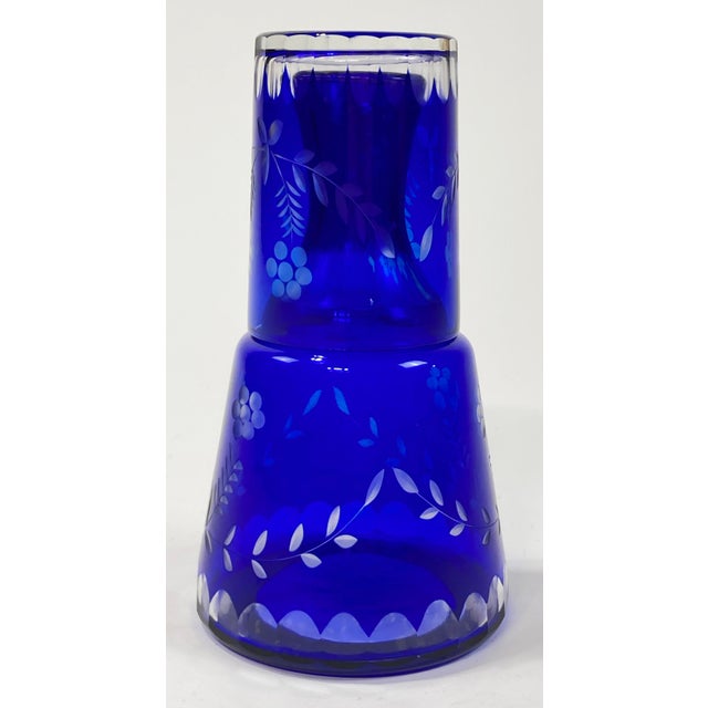 Early 20th Century Vintage Bohemian Cobalt Blue Cut Crystal "Tumble Up" Carafe and Glass For Sale - Image 5 of 8