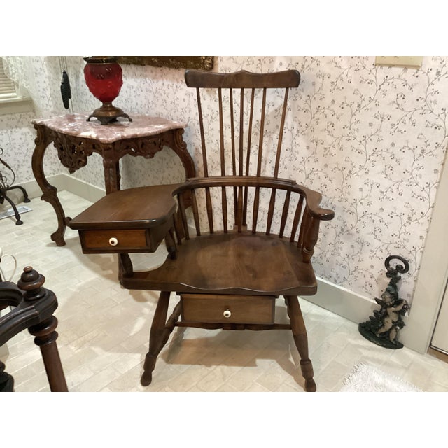 Wood Antique Large Wallace Nutting Windsor Style Writing Arm Chair With Drawers 42”t Brown Wood. For Sale - Image 7 of 7