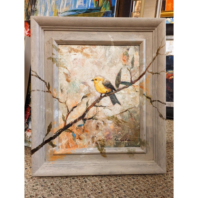 Title: Yellow Canary. Medium Sized Framed Canary Painting On Canvas from Kanayo Ede Art Atlanta. Hand finished frame by...