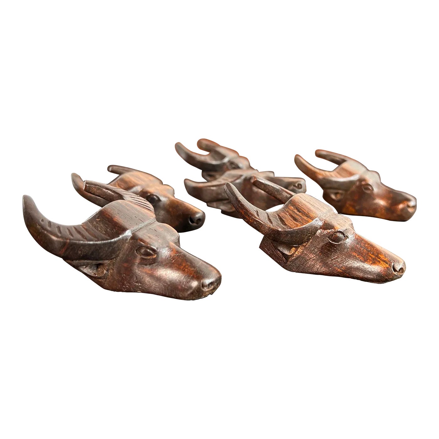 Vintage 1950's Water Buffalo / Bull Head Carved Wood Napkin Rings - Set of 6