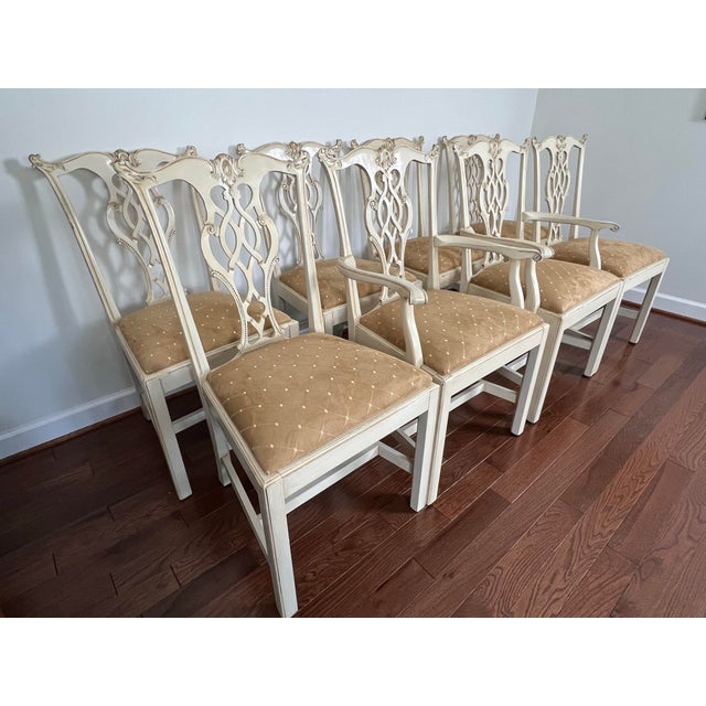 Set of 8 Hickory Chair Chippendale Dining Chairs From Mount Vernon Collection Custom Painted in Cream White For Sale - Image 10 of 12