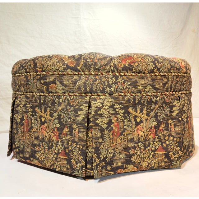 Round Chinoiserie Tufted Ottoman, Poof, Footstool, Vintage 1970’s-80’s For Sale - Image 10 of 11