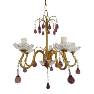 French Amethyst Murano Drops Crystal Bobeches Chandelier, C 1920 For Sale