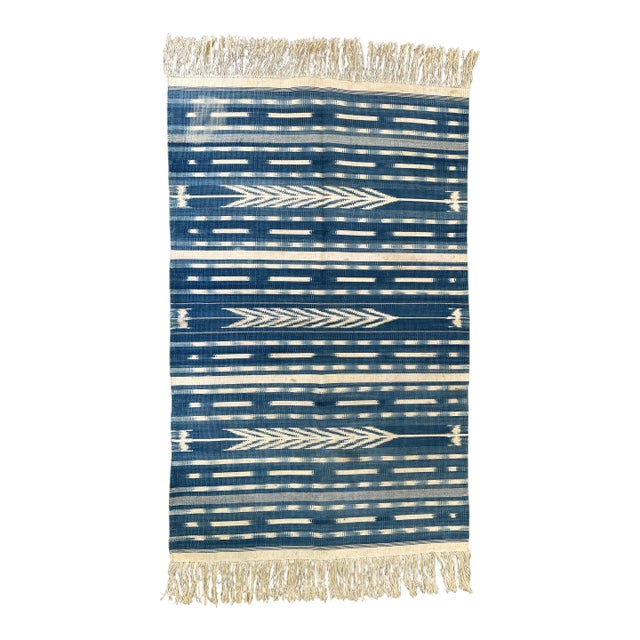 Hand Woven Natural Indigo and White Cotton Flat Weave Dhurrie Rug For Sale