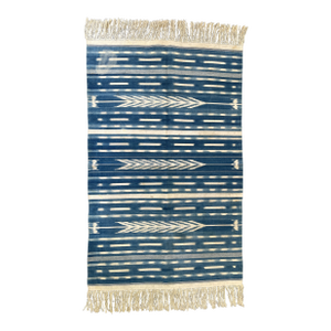 Hand Woven Natural Indigo and White Cotton Flat Weave Dhurrie Rug