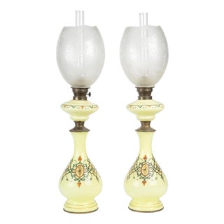 19th Century Oil Lamps in Painted Opaline Glass with Crystal Shades, 1890s, Set of 2 For Sale