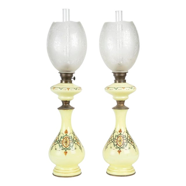 19th Century Oil Lamps in Painted Opaline Glass with Crystal Shades, 1890s, Set of 2 For Sale