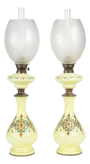 19th Century Oil Lamps in Painted Opaline Glass with Crystal Shades, 1890s, Set of 2
