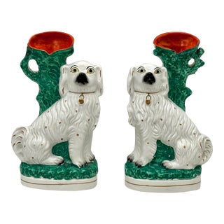 Unusual Original Matched Pair of Antique Late 19th Century English Staffordshire Pottery Spill Vase Dogs - Spaniels For Sale
