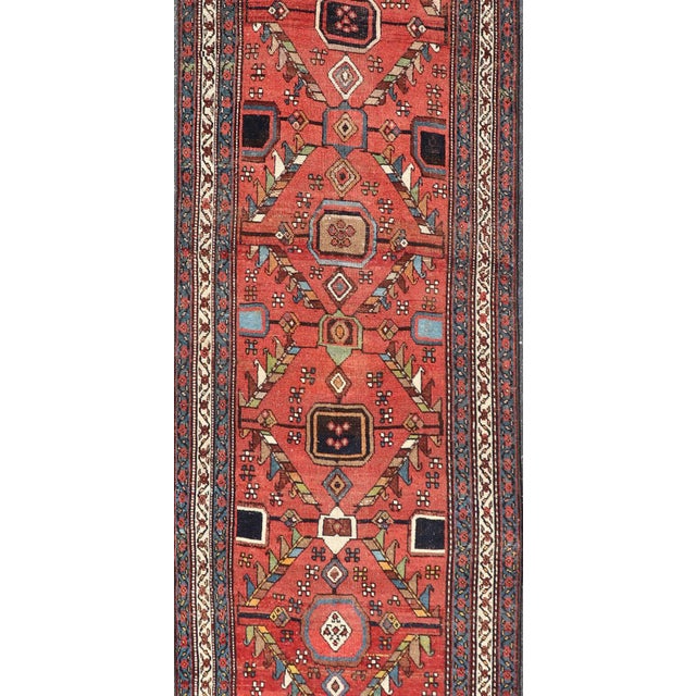 Kurdish Antique Runner in Vibrant Red Background and Multi-Tiered Border 3'3 X 14'1 For Sale - Image 4 of 12