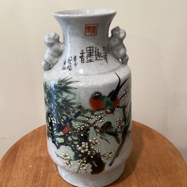 Vintage Chinese Hand-Painted Crackled Glaze Vase W/Foo Dogs Handles Calligraphy & Stamps For Sale - Image 12 of 12