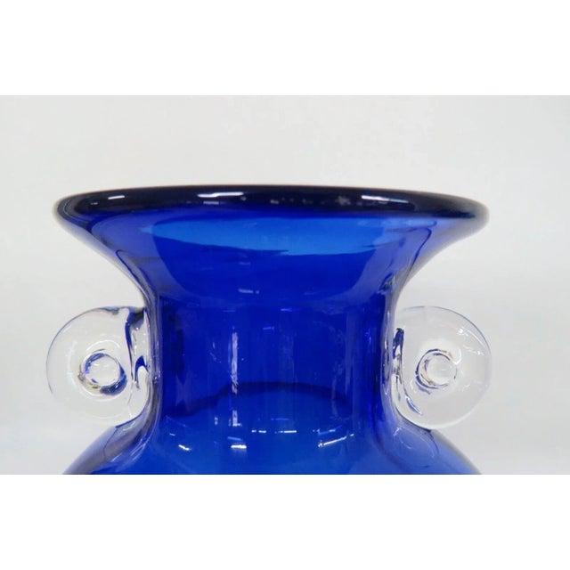 Mid-Century Modern Murano Style Cobalt Blue Glass Clear Scroll Handles Amphora Shaped Vase For Sale - Image 3 of 13