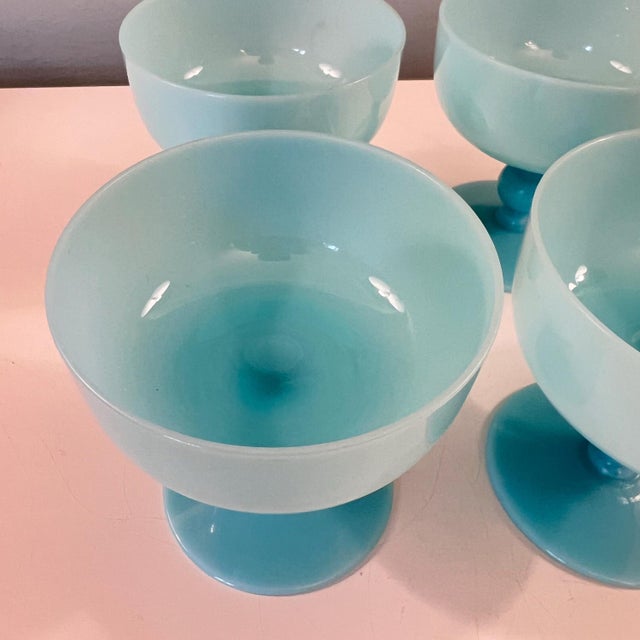 Morgantown Glass 1930s Pretty set of 4 Morgantown Americana Turquoise blue opaline coupes // demi crystal // sherbet / champagne glasses // blue glasses For Sale - Image 4 of 4