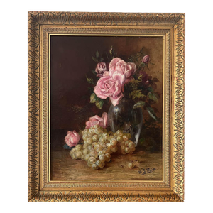 Antique French Floral Pink Roses Oil Still Life Painting