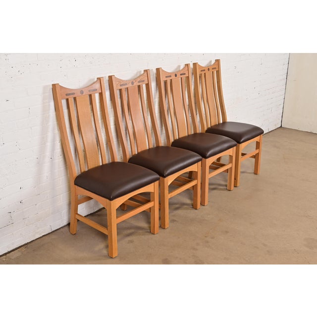 Charles Rennie Mackintosh Stickley Style Mission Oak Arts & Crafts High Back Dining Chairs, Set of Four For Sale - Image 4 of 12