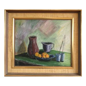 Mid-Century Modern 'Fruit & Brushes' Swedish Expressive Still Life Oil Painting, Framed