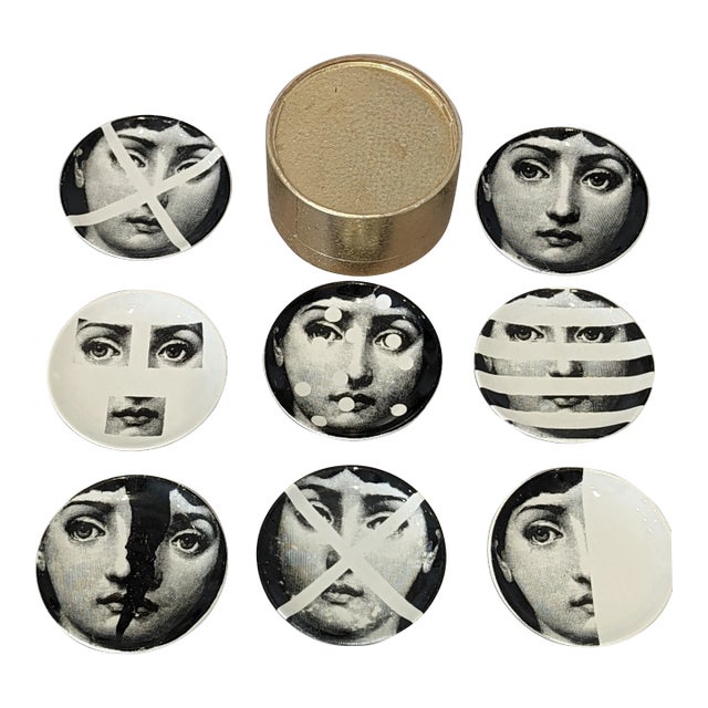 "Tema E Variazioni" Pietro Fornasetti Themes & Variations Coasters With Original Gold Box For Sale