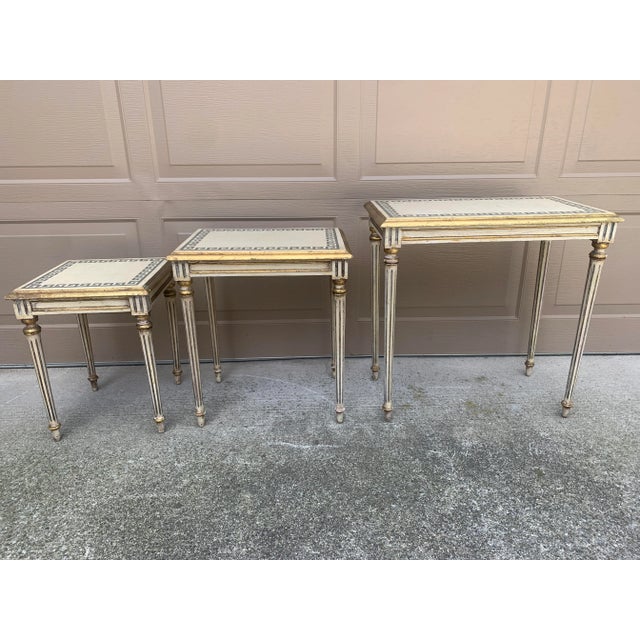 Italian Greek Key Nesting Tables in Aged Silver Leaf & Gilt, Set of Three For Sale - Image 12 of 13