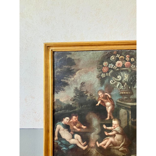 Italian School, 1600s, Allegory of Winter, Putti, Cherubs Still Life, 1800s, Oil on Canvas & Wood & Gold Leaf, Framed For Sale - Image 4 of 10