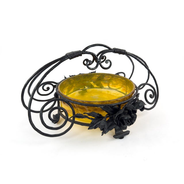 1930s Signed Degué Art Deco Marbled Glass Centerpiece Bowl in Wrought Iron Mount, France 1930s For Sale - Image 5 of 18