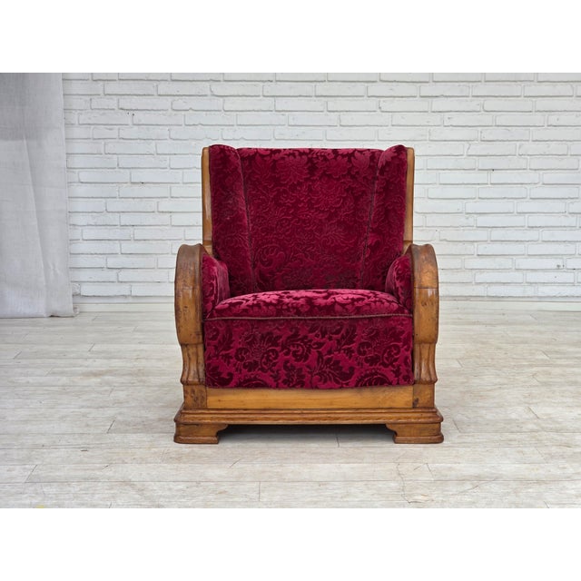 Danish Relax Armchair in Red Furniture Velour and Oak Wood, 1950s For Sale - Image 6 of 18