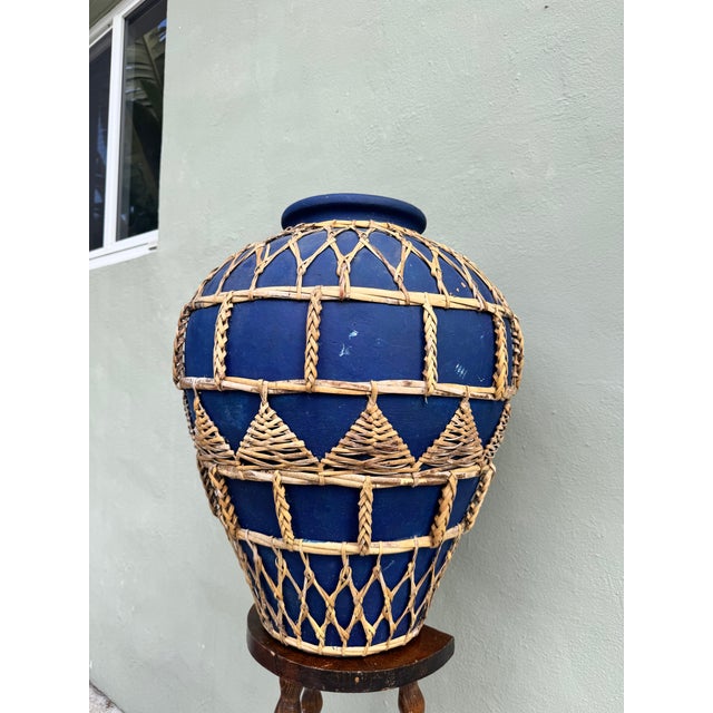 Bleu Majorelle Terracotta Woven Vessel / Vase — Cobalt Blue Mediterranean Coastal For Sale - Image 9 of 11