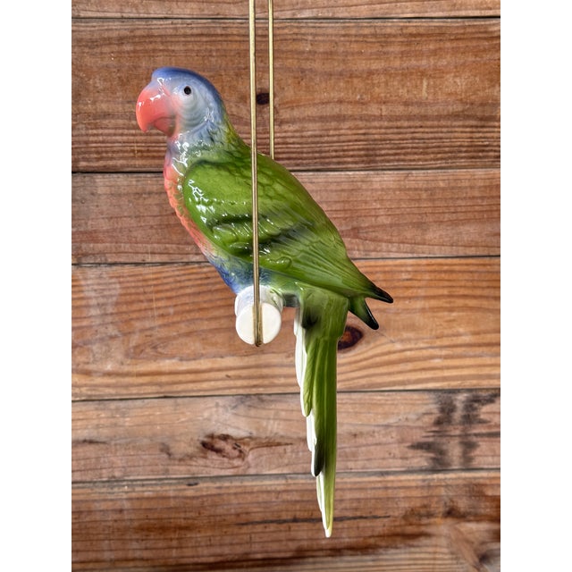 Vintage Ceramic Glazed Parrot on Brass Perch With Hanging Chain For Sale - Image 10 of 11