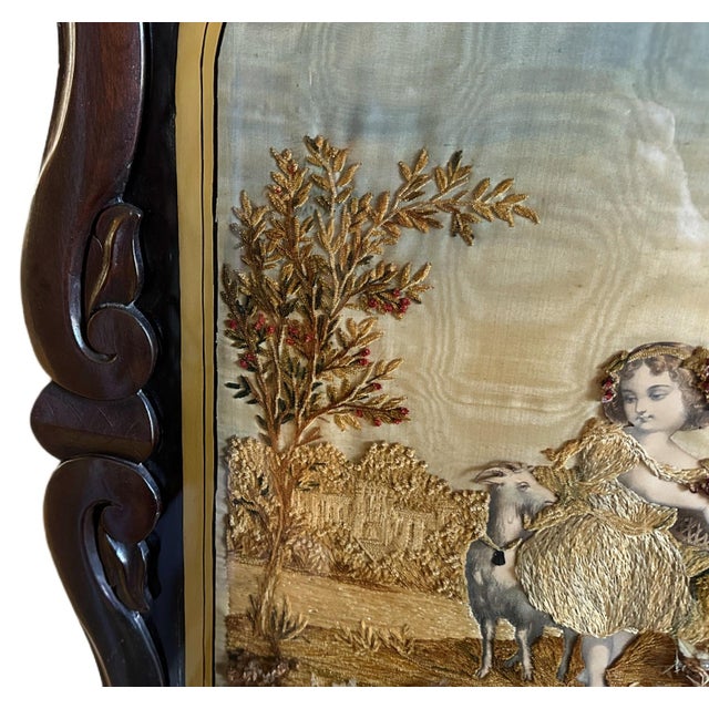 Victorian Antique Victorian c.1850s Carved Rosewood Embroidered Silk Fireplace Pole Screen For Sale - Image 3 of 11