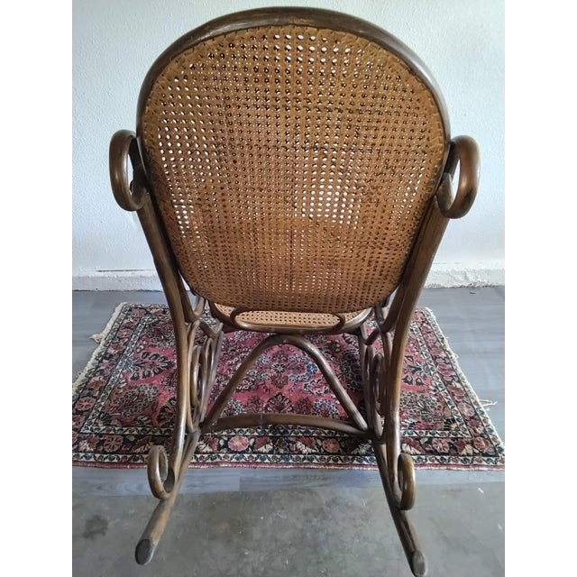 Brown Vintage Thonet Style Bentwood Cane Rocking Chair With Scrollwork For Sale - Image 8 of 14