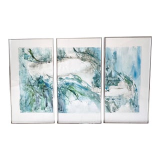 Large Abstract Original Painting Watercolor Triptych Blue Green Coastal Wall Art Modern Signed Framed For Sale