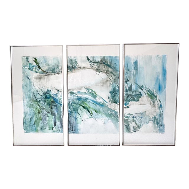 Large Abstract Original Painting Watercolor Triptych Blue Green Coastal Wall Art Modern Signed Framed For Sale