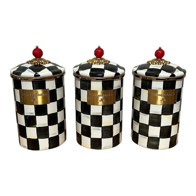 3 New MacKenzie Childs Courtly Check Large Enamel Metal Canisters For Sale