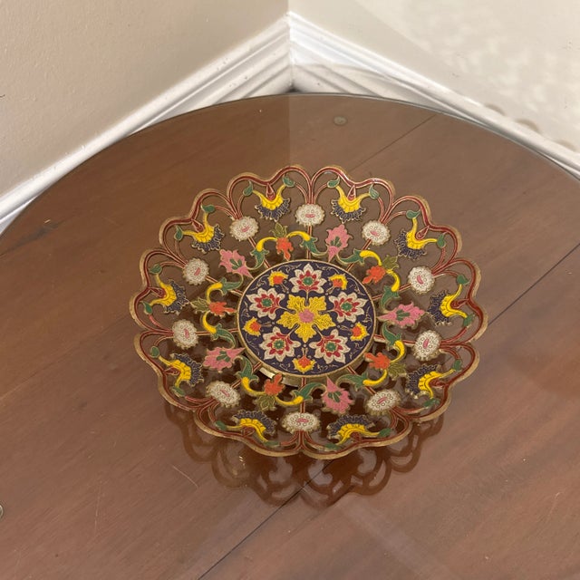 Vintage Painted Decorative Floral Brass Bowl For Sale - Image 4 of 10