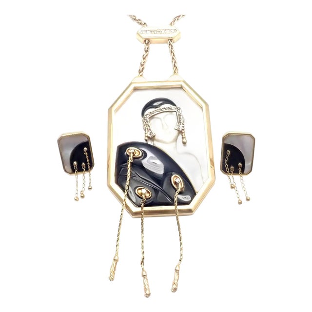 1970s Erté Folies Diamond Onyx Mother of Pearl Yellow Gold Necklace and Earrings Set, 3 Pieces For Sale