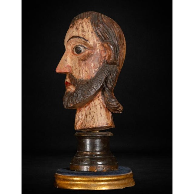 Mexican Spanish Colonial Artist, Carved Head of a Saint, Late 16th-Early 17th Century, Wood For Sale - Image 4 of 7