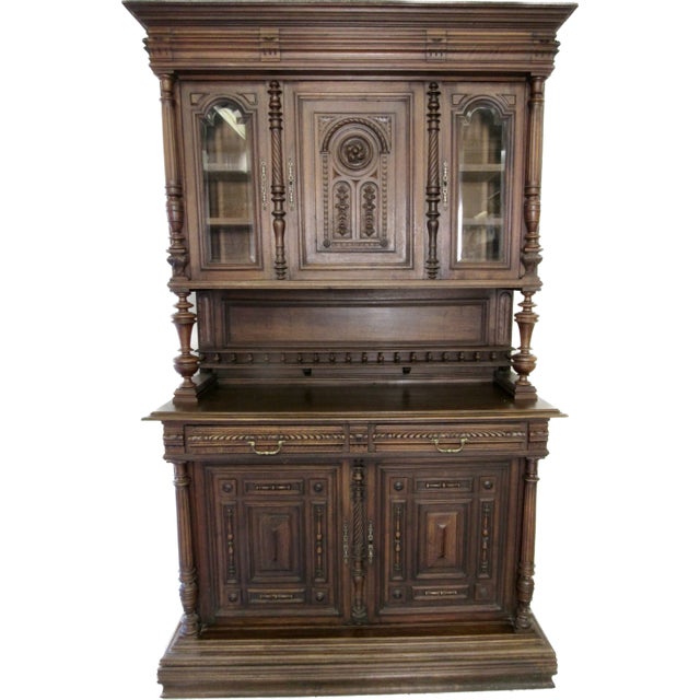 Early 20th Century Carved Antique English Two Piece Walnut Court Cupboard China Cabinet For Sale - Image 13 of 13