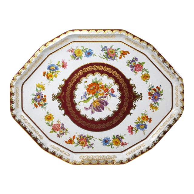 Vintage Octagonal Colorful Flowers Tray by Daher For Sale