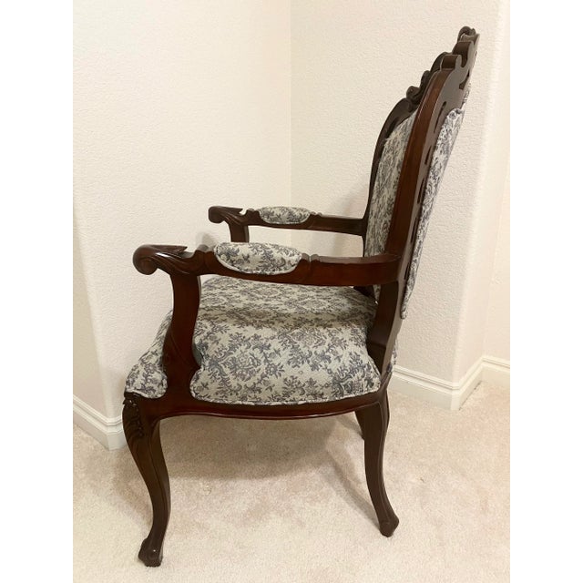 Late 20th Century Louis XV Style Bergere Carved Wood and Blue and Dark White Designed Upholstered Chair Vintage For Sale - Image 5 of 16