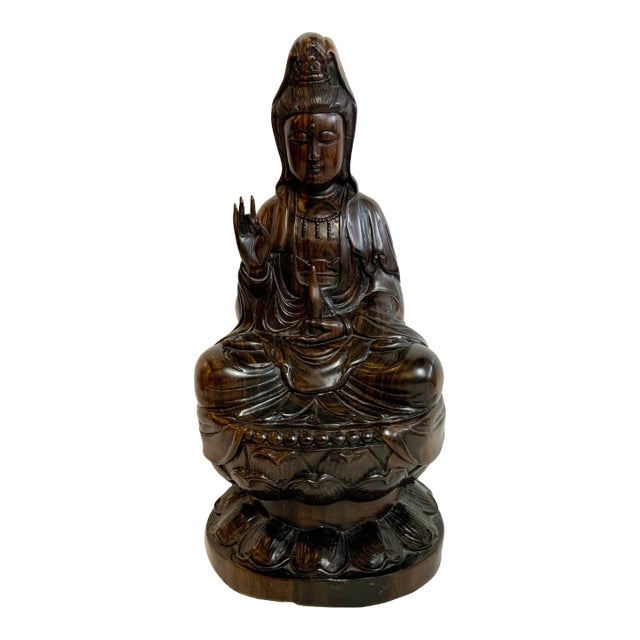 1950s Carved Rosewood Quan Yin Statue For Sale
