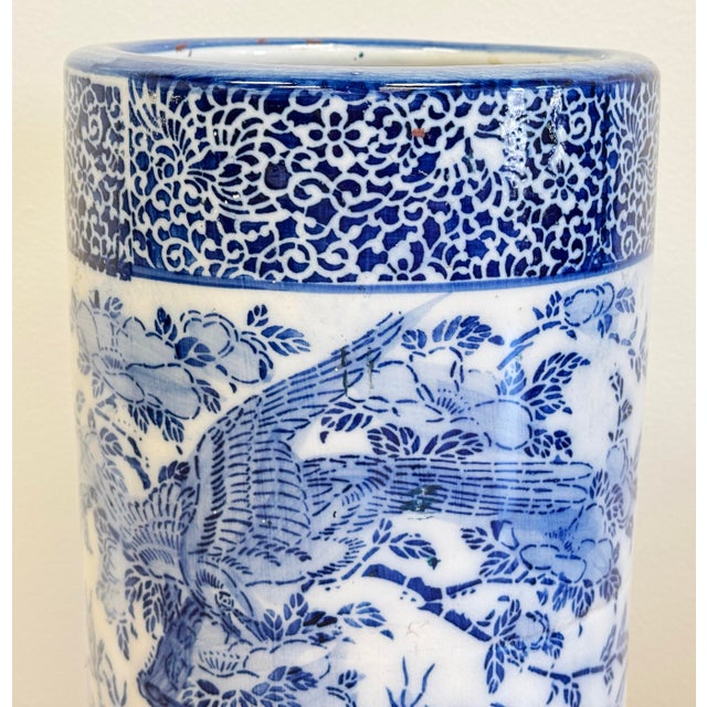 Ceramic Vintage Chinoiserie Ceramic Blue and White Floral Motif Umbrella Stand For Sale - Image 7 of 10