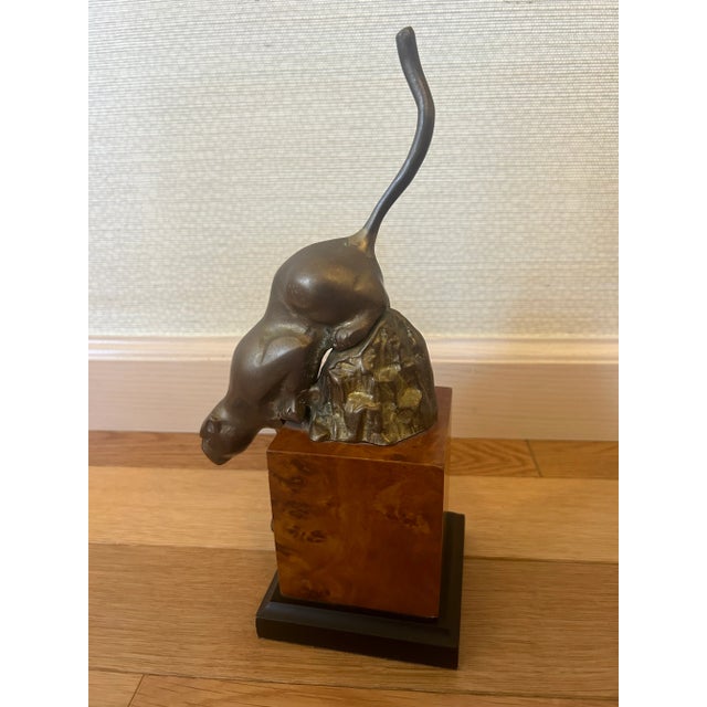1970s Vintage 1970's Brass Mountain Lion/Panther Bookend on Faux Burlwood Block Base For Sale - Image 5 of 8
