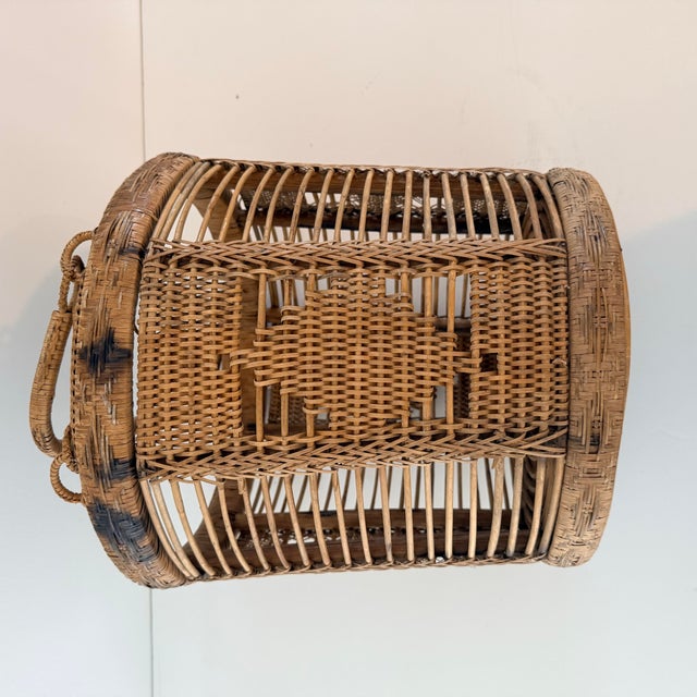 Vintage Handwoven Rattan Basket With Double Handles and Geometric Weave For Sale In Richmond - Image 6 of 10