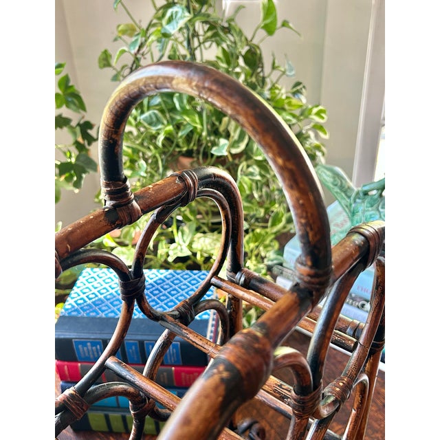 Vintage Boho Chic Scorched Tortoise Bamboo 6 Bottle Wine Holder For Sale - Image 9 of 11