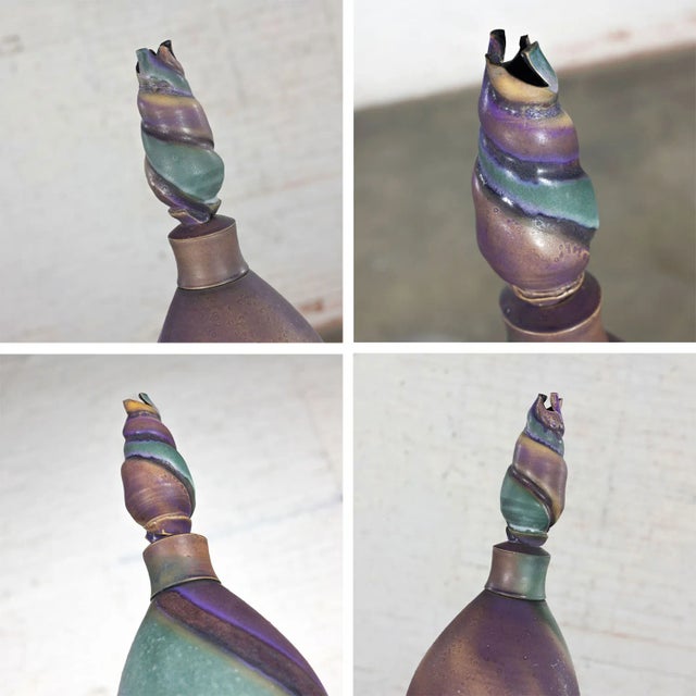 1992 Modern Purple & Teal Swirl Pottery Overscale Bottle or Floor Vessel Artist Signed For Sale - Image 10 of 12