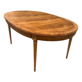 Vintage American Furniture Burl Walnut Oval Expandable Dining Table With 3 Leaves & Original Table Pad For Sale