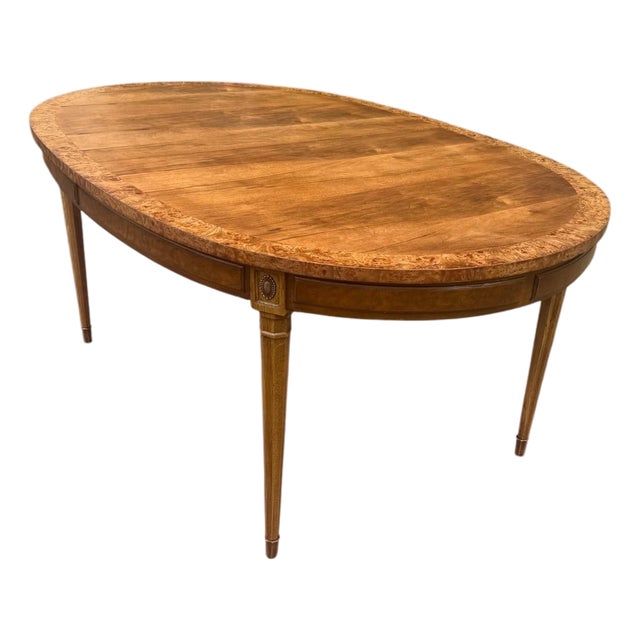 Vintage American Furniture Burl Walnut Oval Expandable Dining Table With 3 Leaves & Original Table Pad For Sale